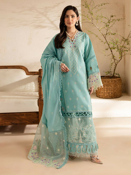 Parishay embroidered lawn front with intricate neckline and borders – stitched 3-piece suit