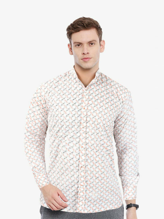Men's casual shirt with mandarin collar, long sleeves, button placket, and curved hem, made from 100% cotton in Pakistan.