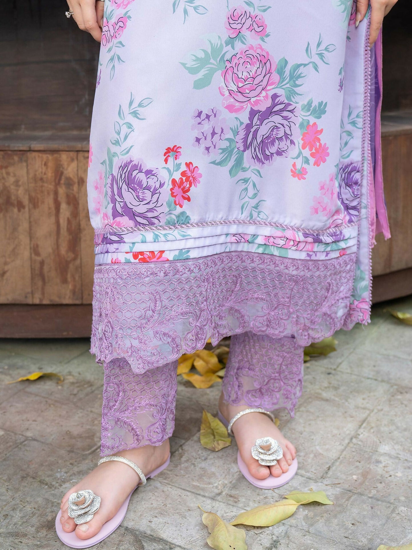 Panache Apparel Raw Silk Embroidered Stitched Suit-Lavender Bloom