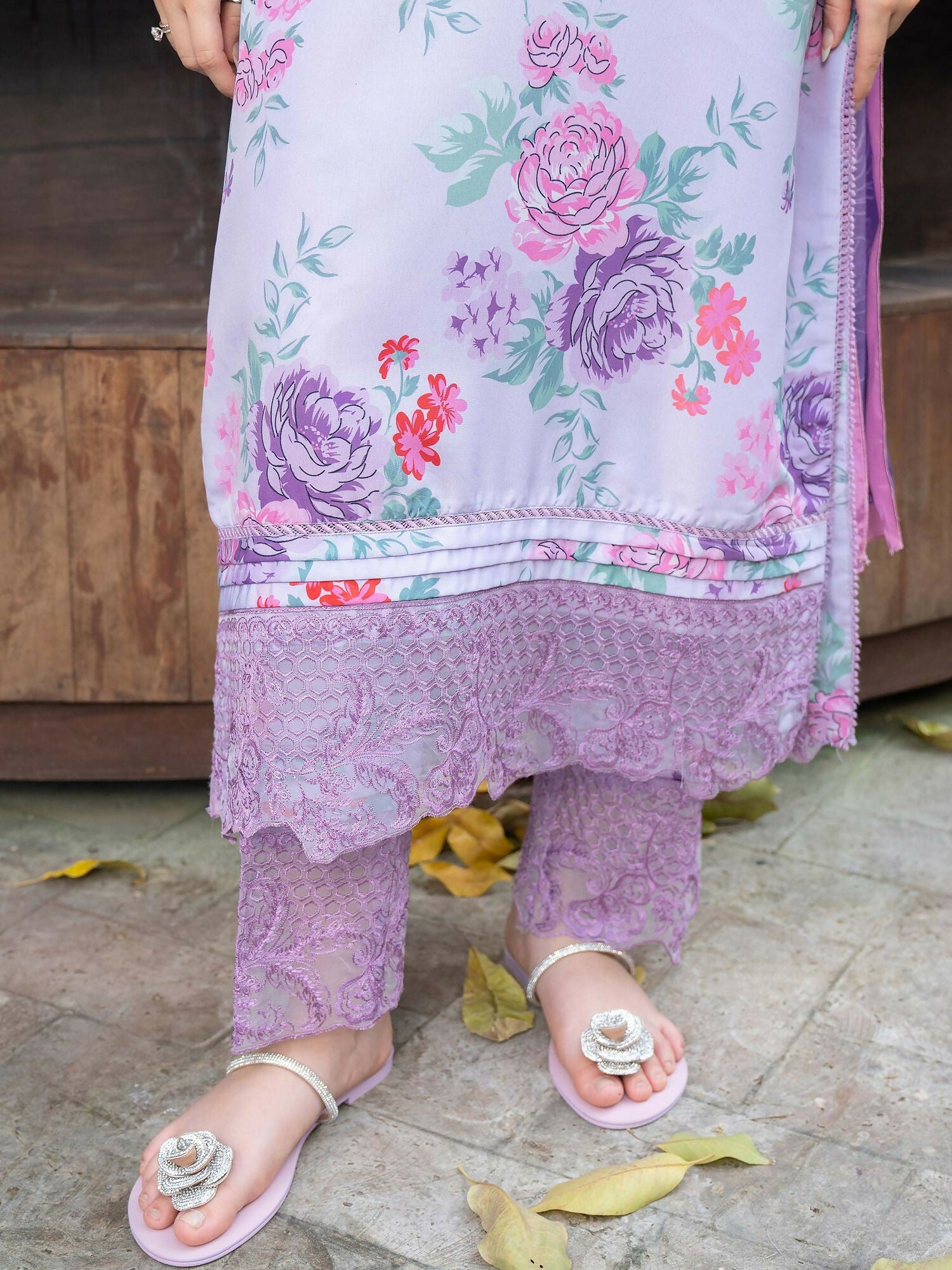 Panache Apparel Raw Silk Embroidered Stitched Suit-Lavender Bloom