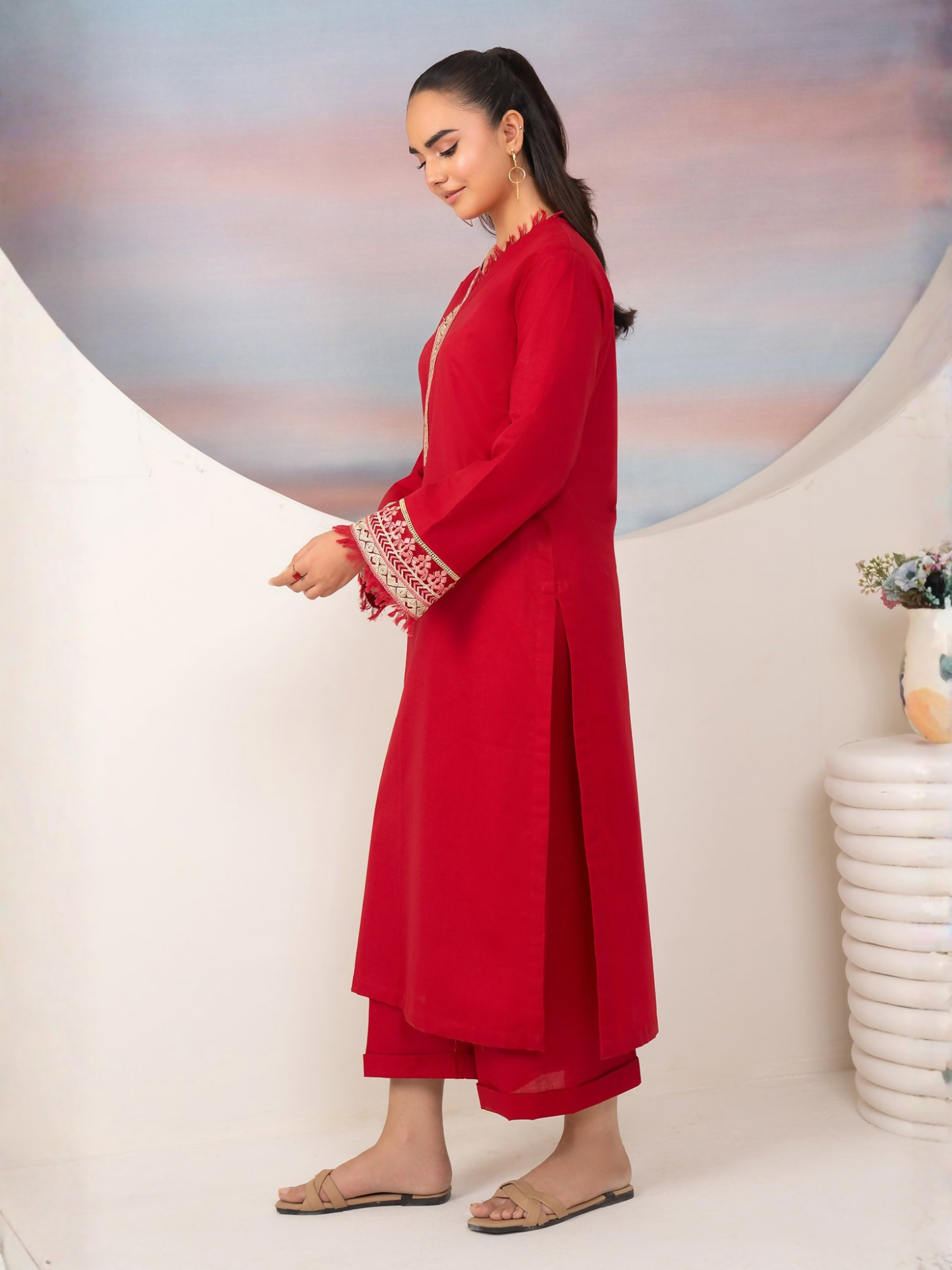 Panache Apparel Winter Whisper Khaddar Embroidered Stitched Suit-Scarlet