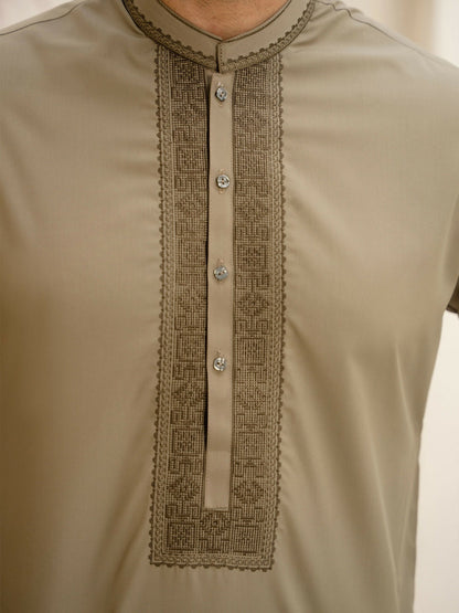 Fabrich Men Wash & Wear Embroidered Unstitched Shalwar Kameez-Olive-Khaki