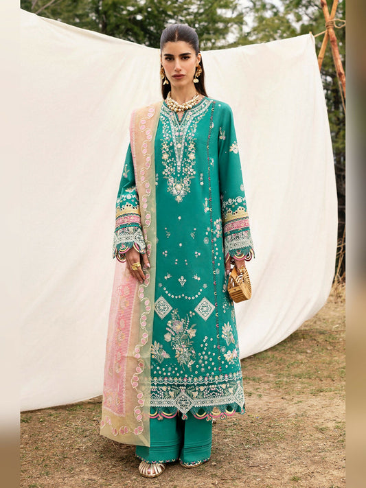Teal Green Qalamkar Qlinekari Lawn Embroidered Unstitched 3-Piece Suit-DC-08 Elida