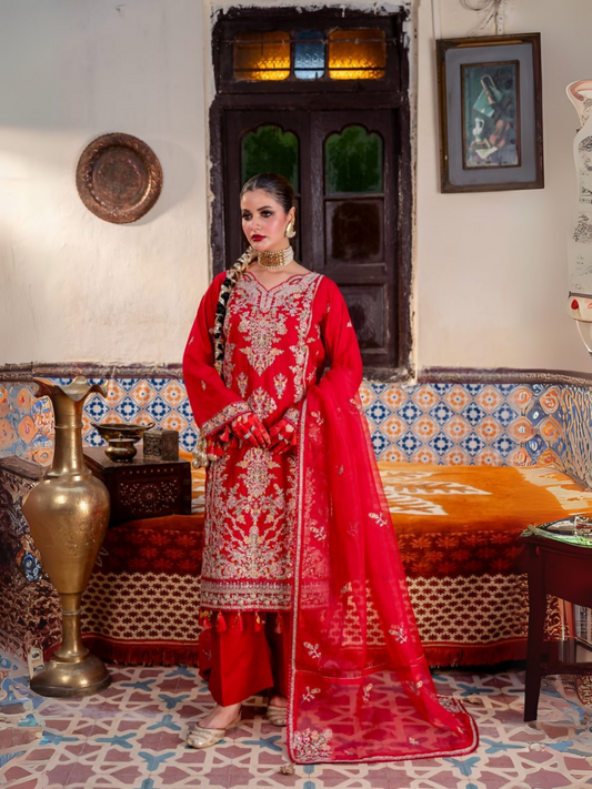 Fatima Hussain unstitched 3-piece suit with embroidered multi-panel lawn shirt, cotton net embroidered dupatta with pallus, and dyed cotton trouser.
