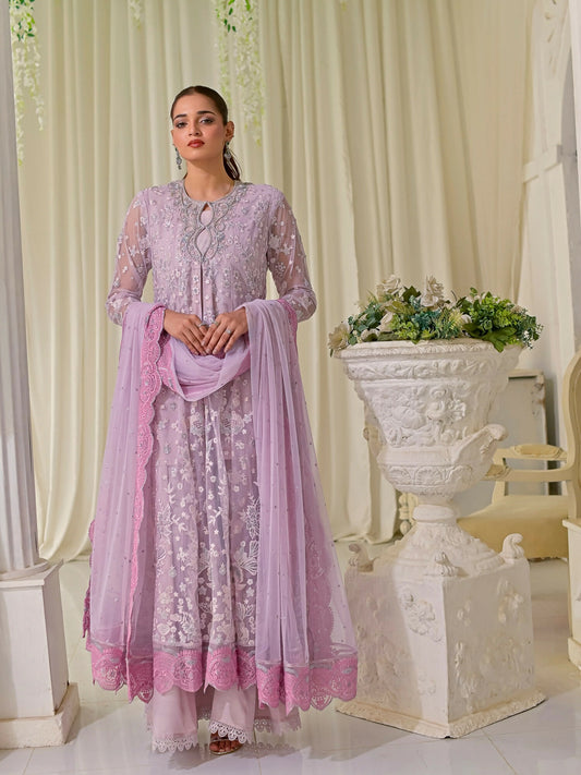 Farooq Hameed Studio Net Embroidered Stitched 3-Piece Suit-Crimson-Dusk