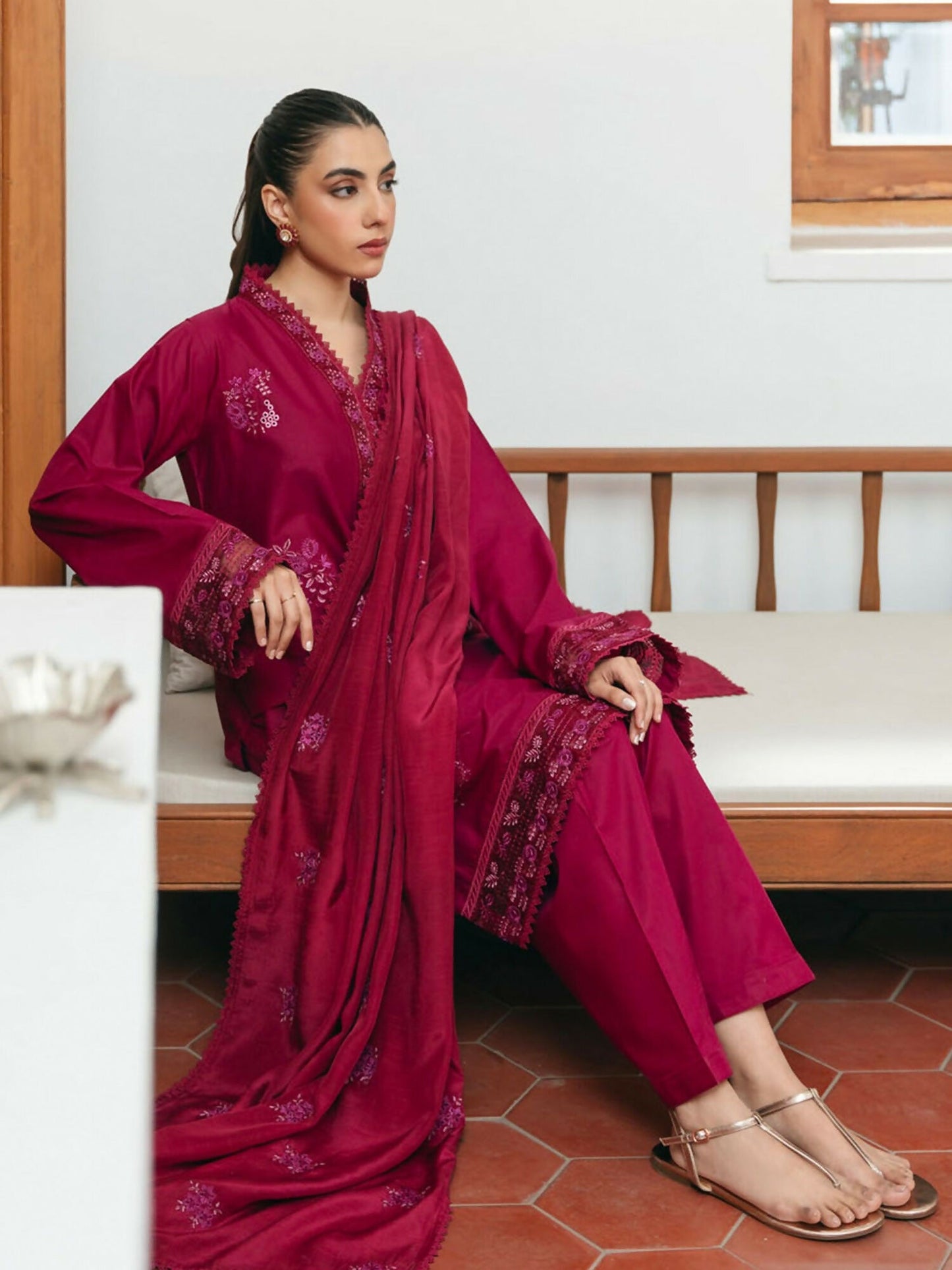 Mannat Clothing Lawn Embroidered Stitched Suit-Carnation