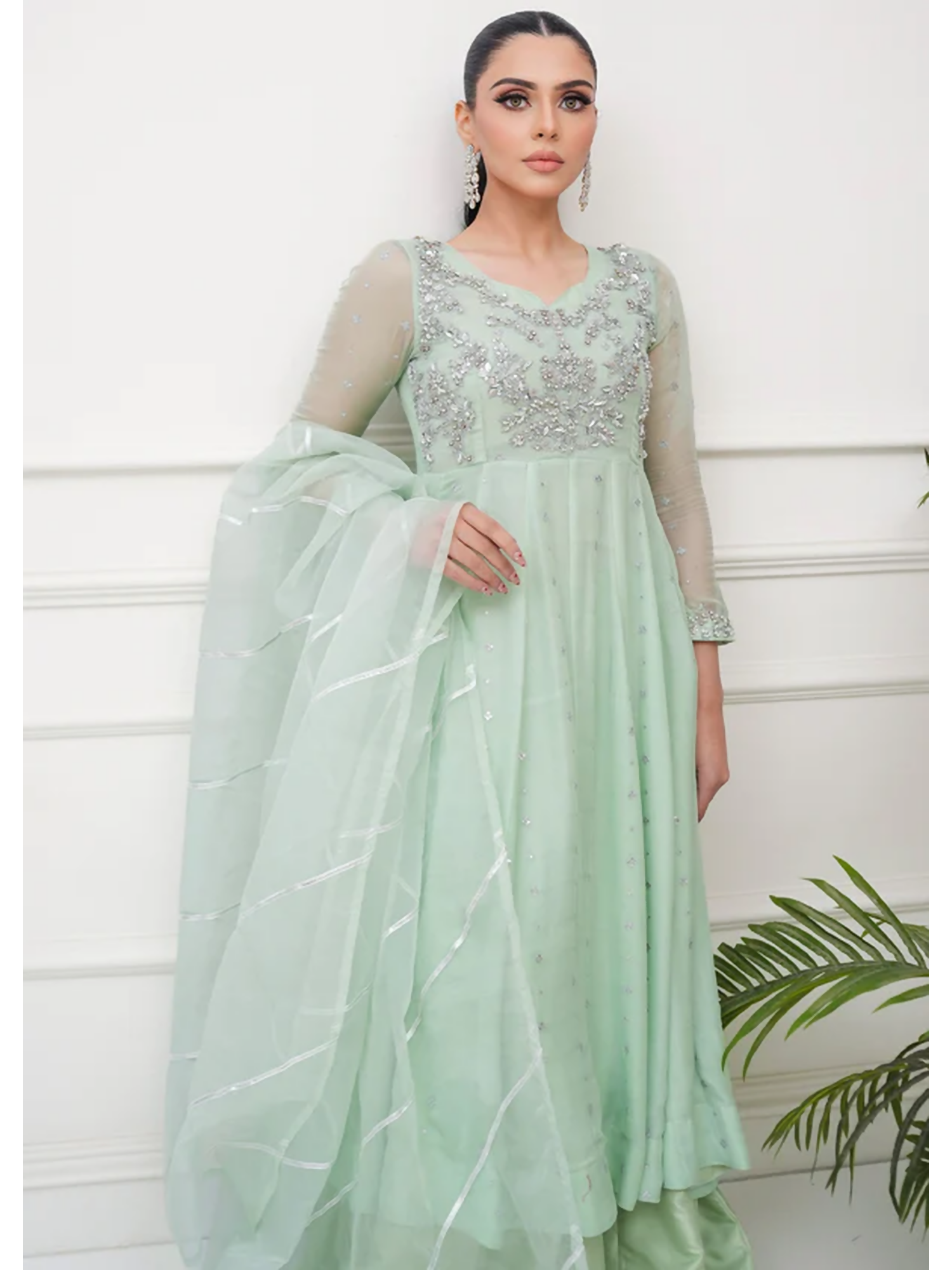 Allure By IH Lehr Chiffon Embroidered Lehenga-Matcha