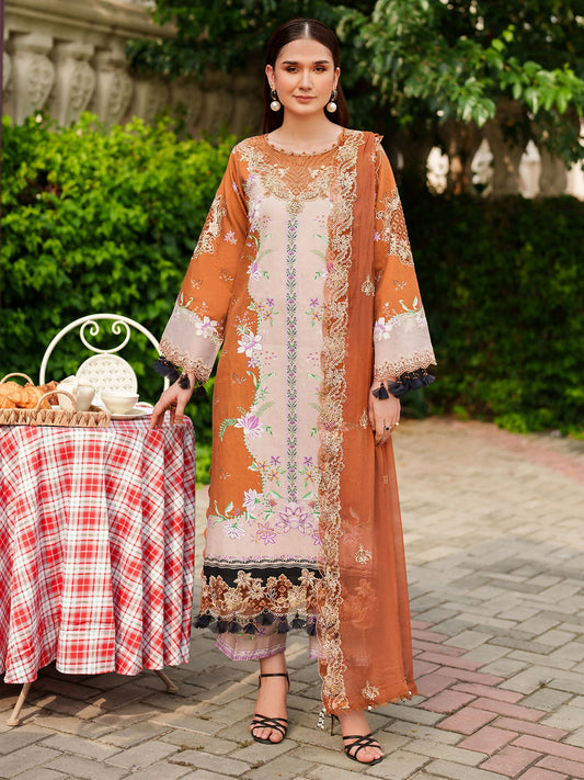 Parishay Ivy Bloom Winter unstitched 3-piece suit with embroidered neckline, front lace, sleeve patch, sleeve lace, chiffon dupatta, and viscose trouser.