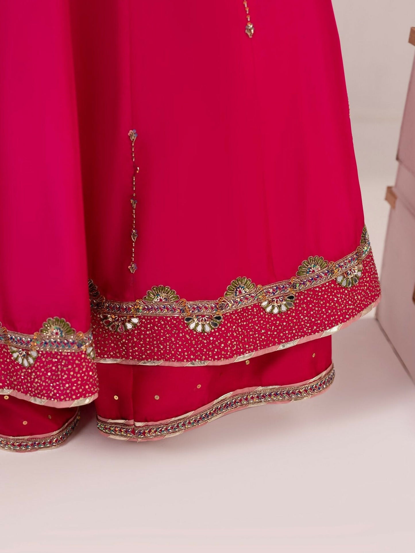 Shurooq Echoes In Bloom Silk Embellished Stitched 3-Piece Suit-Fuschia Flame