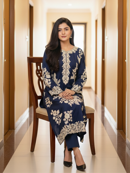 Zeephire Linen Embroidered Stitched 3-Piece Suit-Kawiya