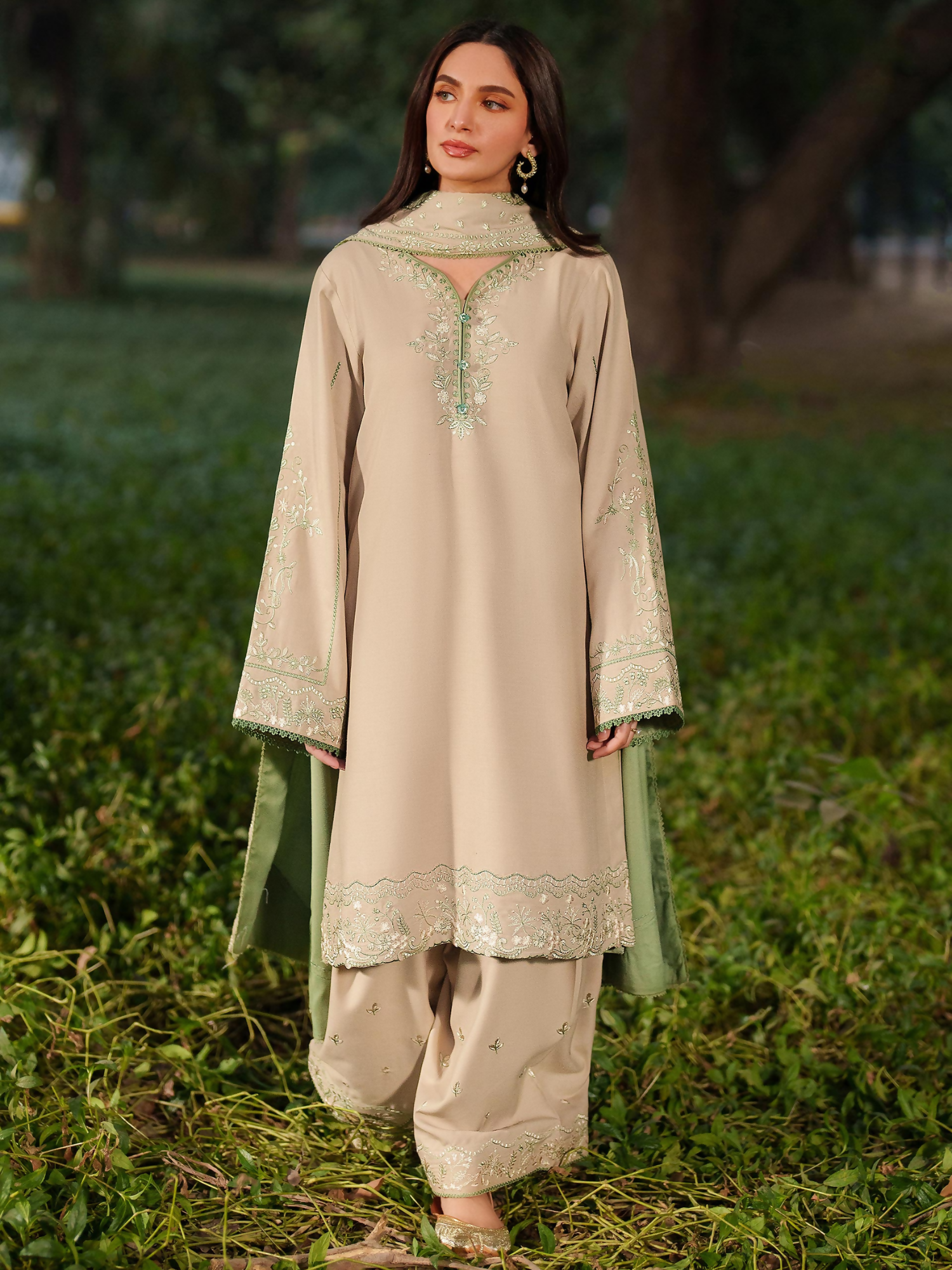 Panache Apparel Winter Solstice Linen Embroidered Stitched Suit-Mistfall