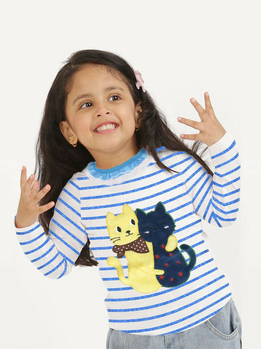 Girls’ cotton tee with striped frilled neckline, long sleeves, and double cat applique on front.