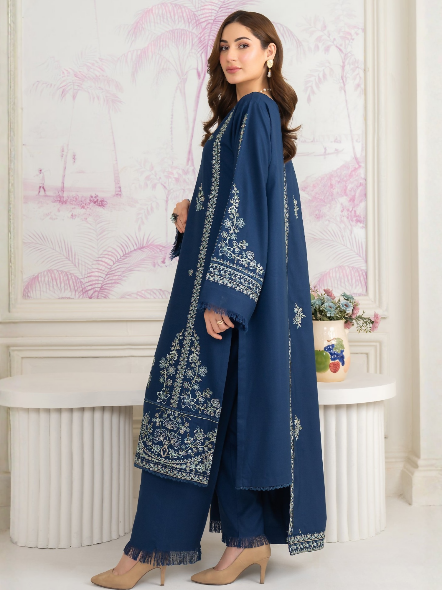 Panache Apparel Winter Whisper Linen Embroidered Stitched Suit-Frosted Dew