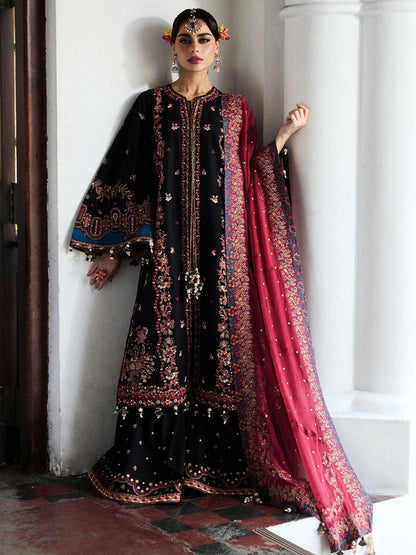 Hussain Rehar unstitched 3-piece suit with embroidered lawn shirt, red chiffon embroidered dupatta, and cotton trouser, featuring intricate floral patterns for a sophisticated summer look.