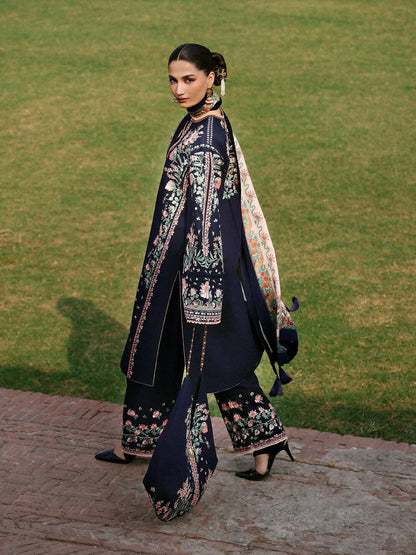Jugnu By Hussain Rehar Khaddar'25 Embroidered Unstitched 3-Piece Suit-Navi
