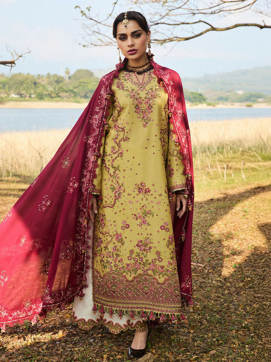 Hussain Rehar unstitched 3-piece suit with embroidered lawn shirt, embroidered dupatta, and cotton trouser, featuring intricate detailing for an elegant summer look.