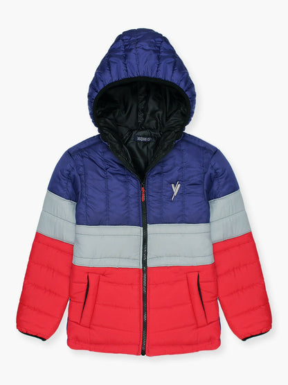 Blue and Red Velvour Printed Puffer Jacket- VJ25-C