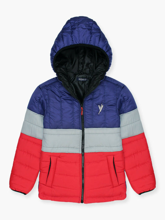 Blue and Red Velvour Printed Puffer Jacket- VJ25-C