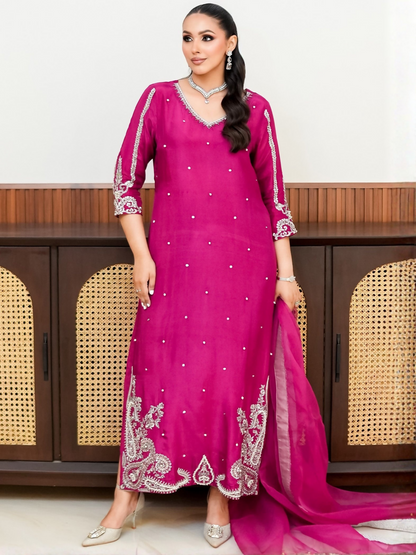 Allure By IH Fashion Calling Raw Silk Embellished Stitched 3-Piece Suit-Paisley