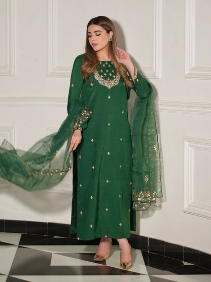Allure By IH Luxury Pret Raw Silk Embellished Stitched 3-Piece Suit-Shahay