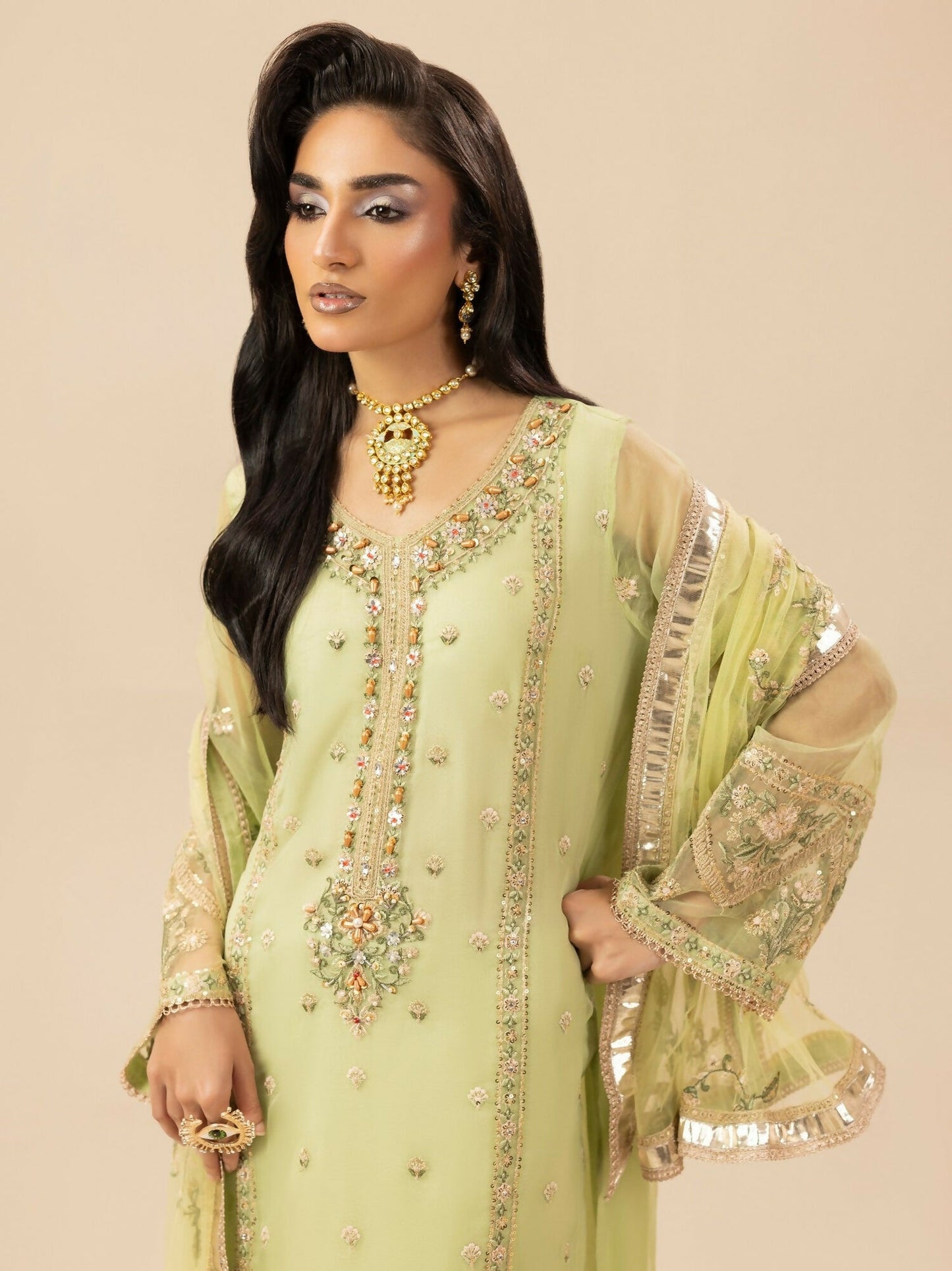 Shurooq Garden Of Dreams Silk Embroidered Stitched 3-Piece Suit-Verde
