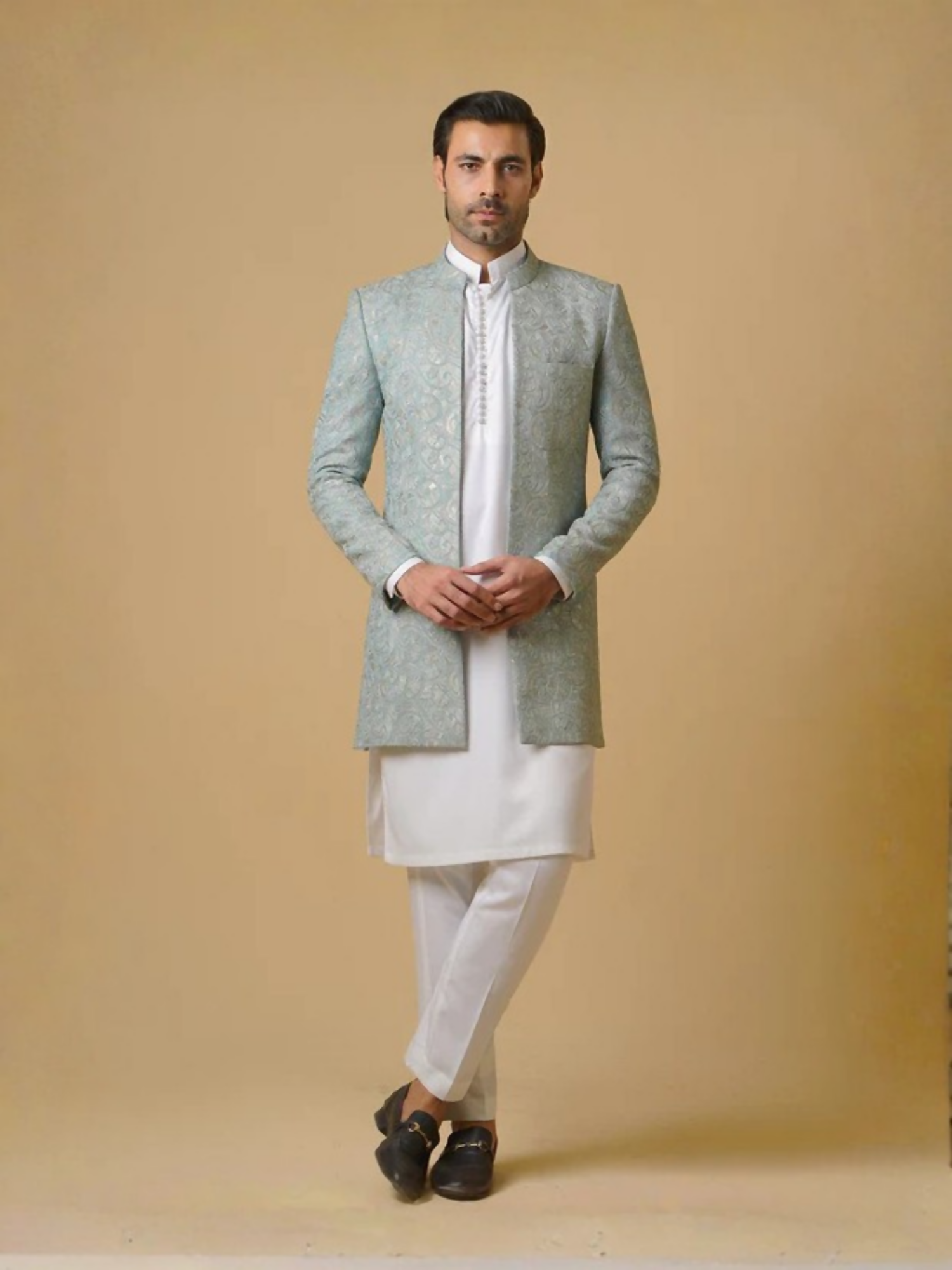 Ice Blue-Gem Garments Janaan Raw Silk Embroidered Prince Coat-Zarkash
