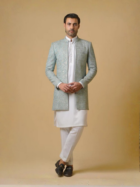 Ice Blue-Gem Garments Janaan Raw Silk Embroidered Prince Coat-Zarkash
