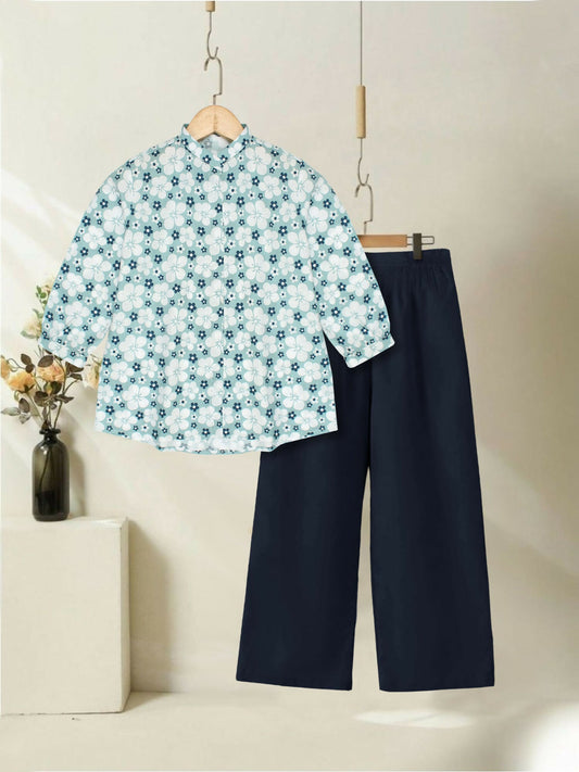 Designer Top & Capri set made from breathable cotton, featuring a stylish look with three-quarter sleeves and a customized fit—perfect for summer wear and everyday comfort.