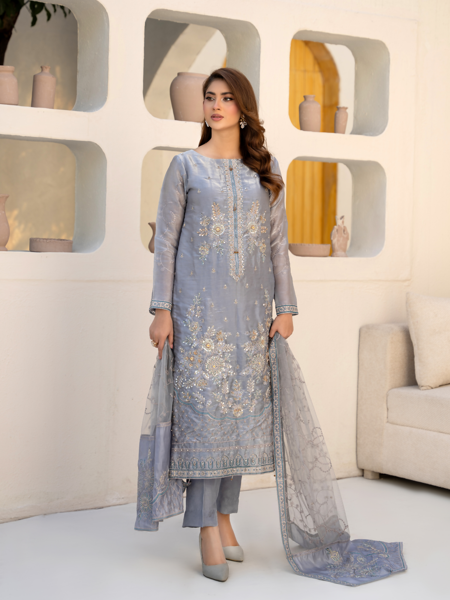 Noori Silk Embroidered Stitched 3-Piece Suit
