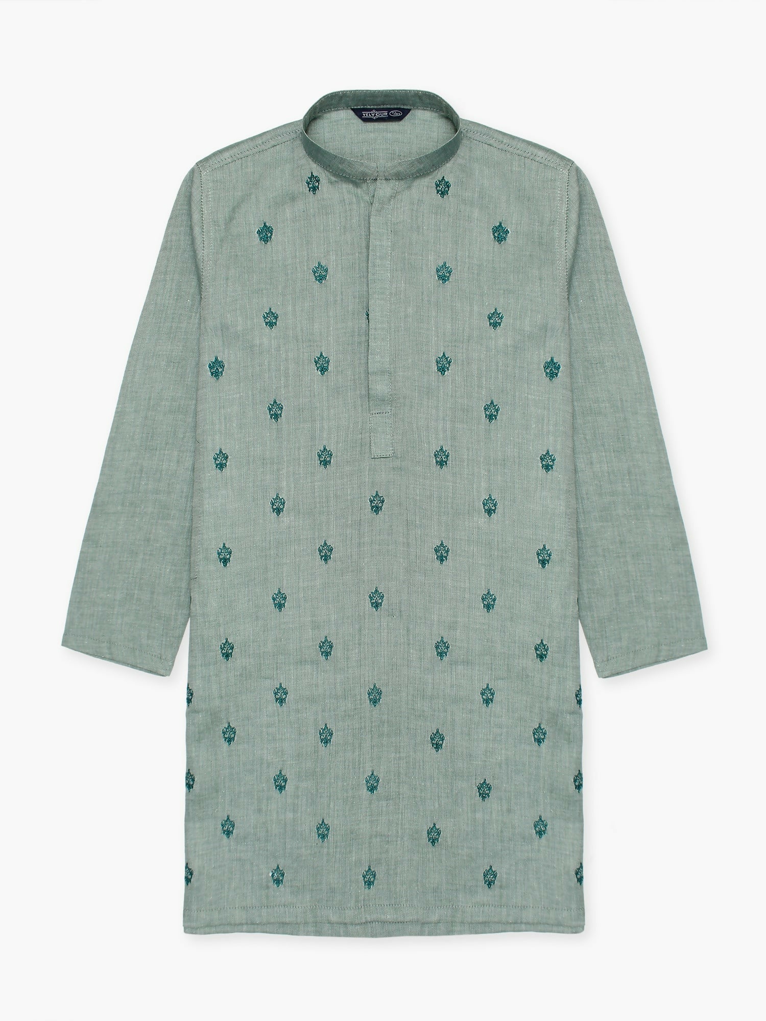 Boy wearing embroidered cotton kurta with mandarin collar, full sleeves, and regular fit, ideal for traditional wear