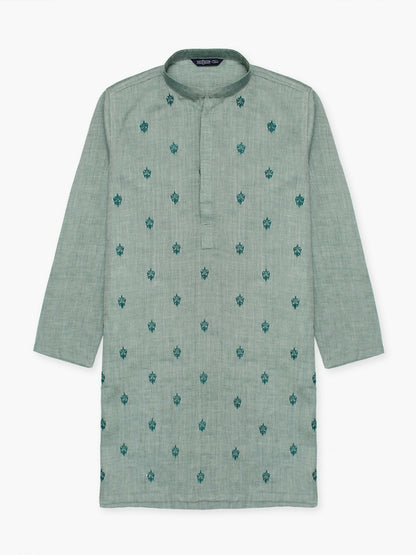 Boy wearing embroidered cotton kurta with mandarin collar, full sleeves, and regular fit, ideal for traditional wear