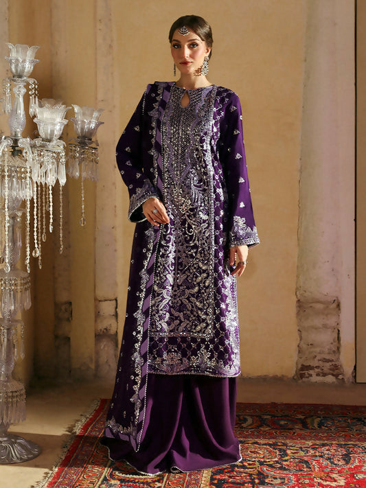 Mahnur – Stitched 3-Piece Embroidered Silk Suit with Chiffon Dupatta and Raw Silk Trouser