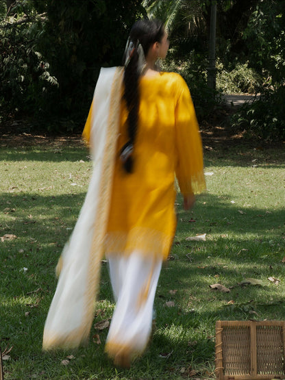 Hemstitch Lawn Embroidered Stitched 3-Piece Suit-Saffron Petal