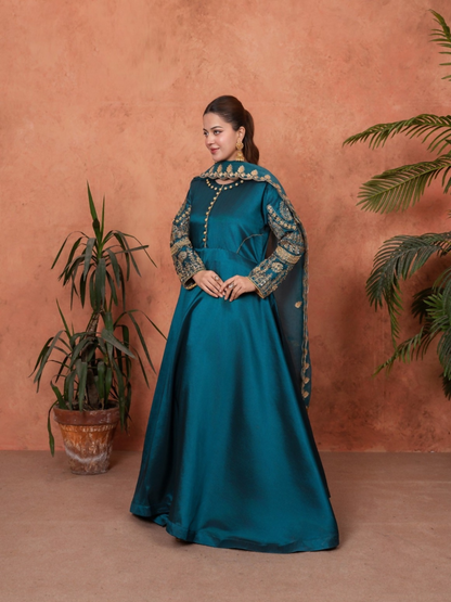 Stylish Collection Majeste Silk Embroidered Maxi-Zuri Teal