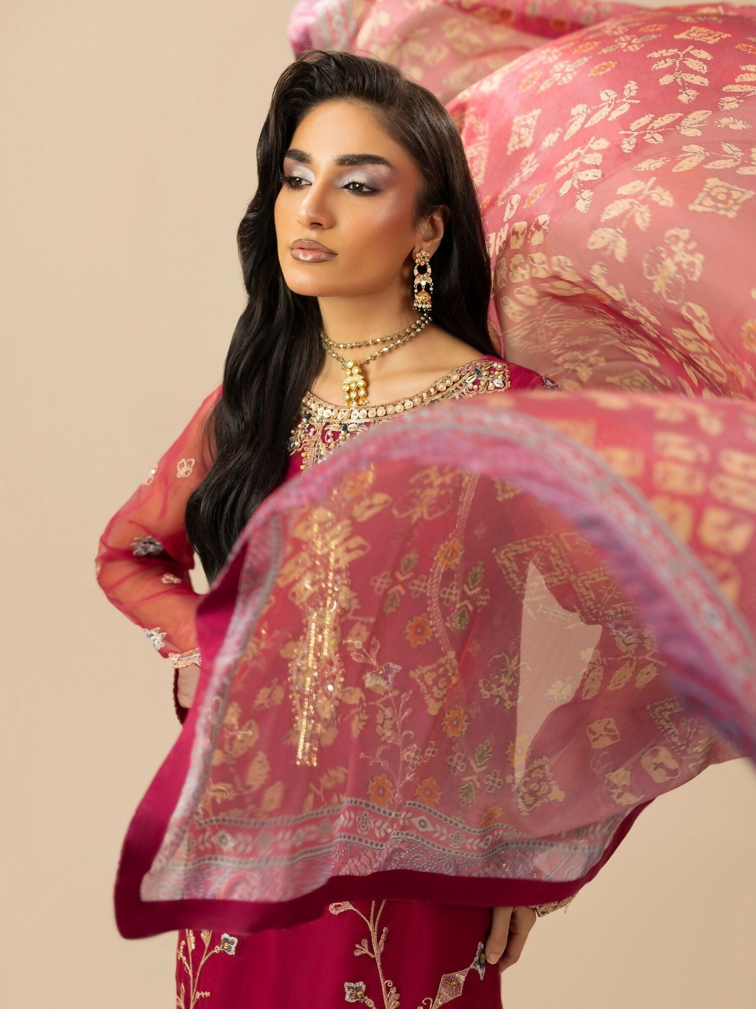 Shurooq Garden Of Dreams Organza Embroidered Stitched 3-Piece Suit-Poppy