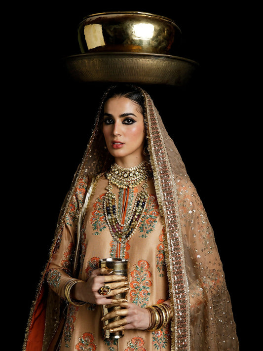 Hussain Rehar peachish gold raw silk embellished shirt with chooridar and organza dupatta
