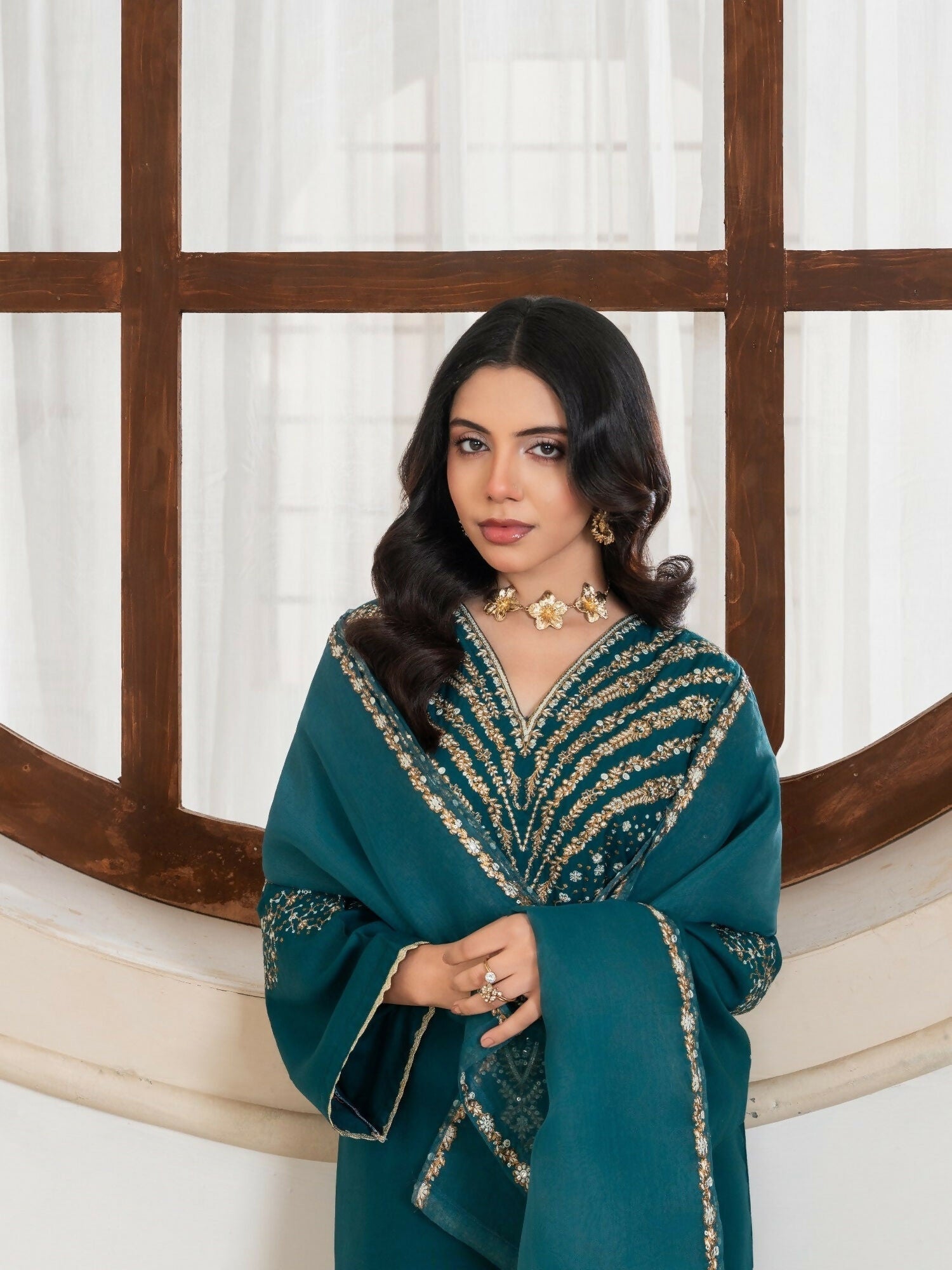 Stylish Collection Royal Pret Dhanak Linen Embroidered Stitched 3-Piece Suit-Jazmine Teal