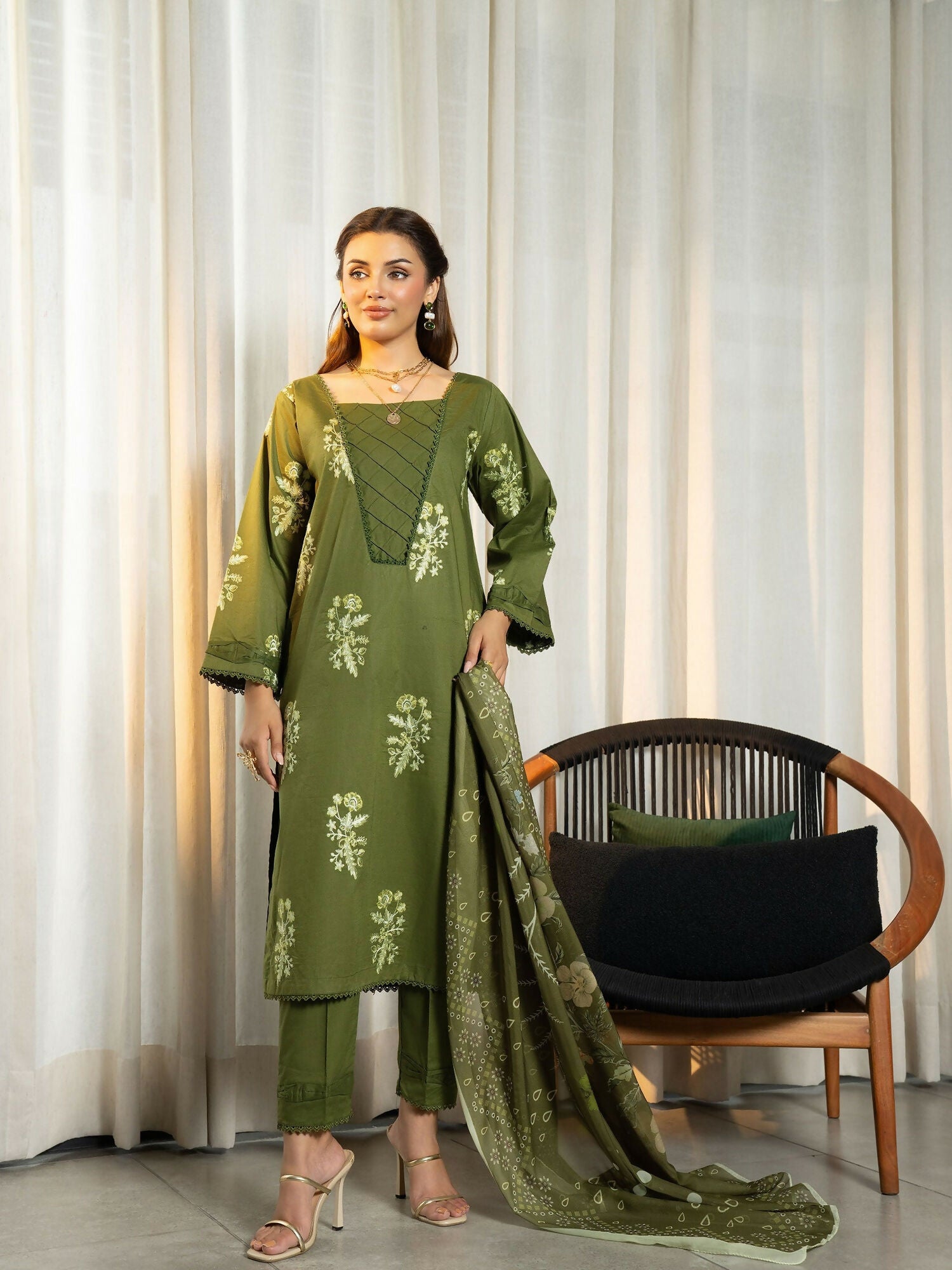 Panache Apparel Solid Story Cotton Lawn Embroidered Stitched Suit-Nerina