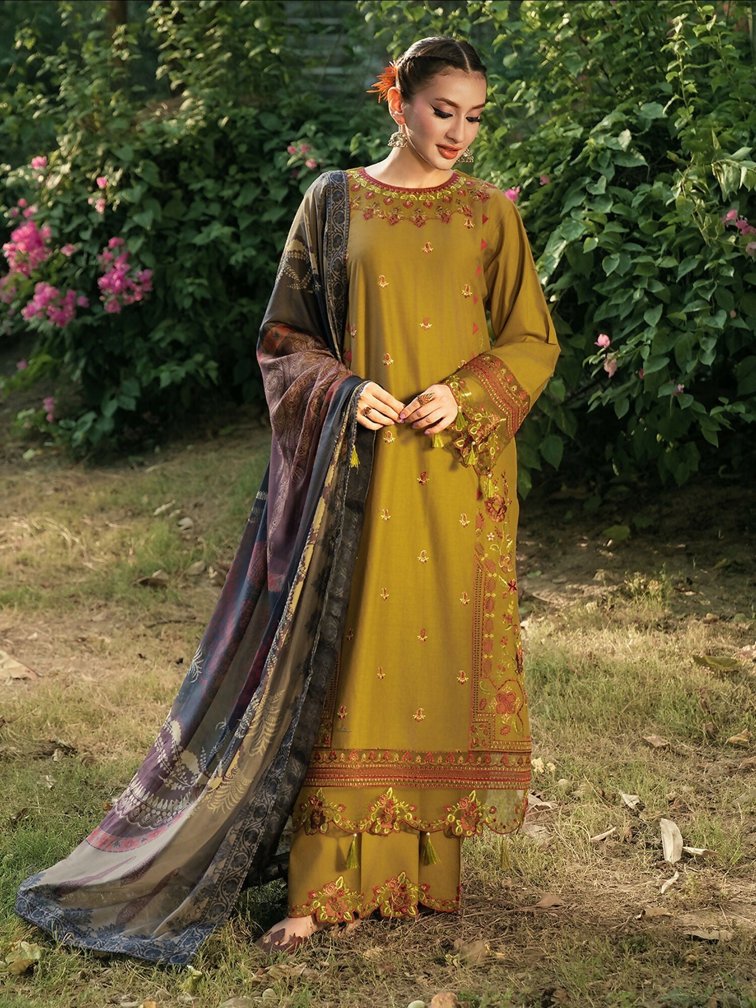 Hemstitch Lawn Embroidered Stitched 3-Piece Suit-Sandalwood