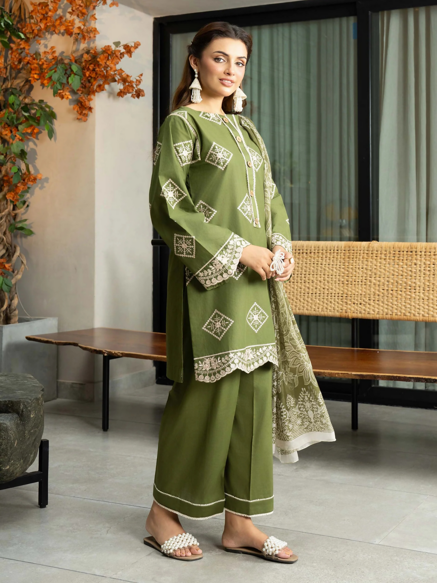 Panache Apparel Solid Story Cotton Lawn Embroidered Stitched Suit-Vana