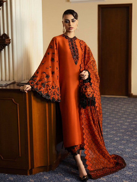 Rust Hussain Rehar BASIC NOT BASIC V Raw Silk Embroidered Stitched 3-Peice-Sheryl