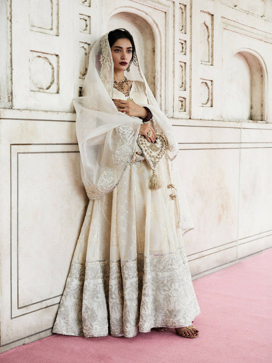 Hussain Rehar Festive Pret’25 ivory chanderi silk pishwas with churidar and embroidered organza dupatta, stitched 3-piece suit.