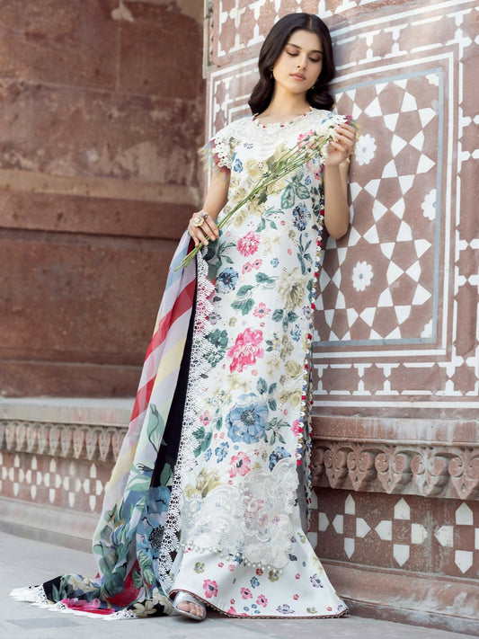 Unstitched 3-piece suit featuring a digitally printed shirt with embroidered neckline and daman motif, paired with a printed dupatta and dyed cotton trouser.