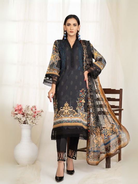Black Sitara Lawn Embroidered Unstitched 3-Piece Suit-124
