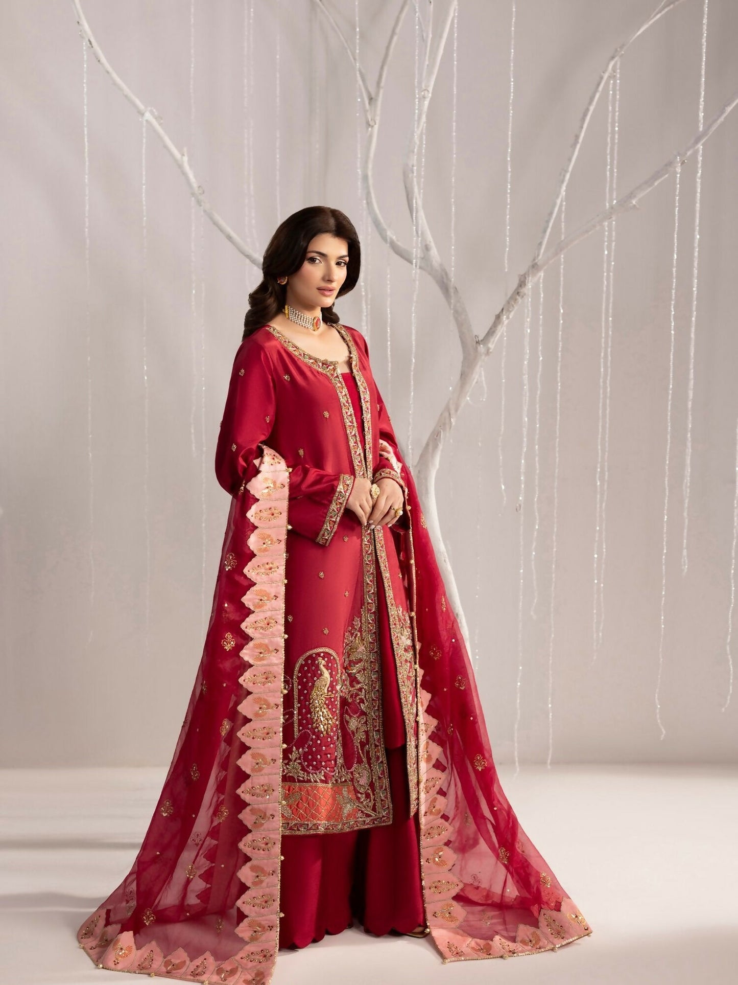 Shurooq Echoes In Bloom Raw Silk Embellished Stitched 3-Piece Suit-Scarlet Reverie