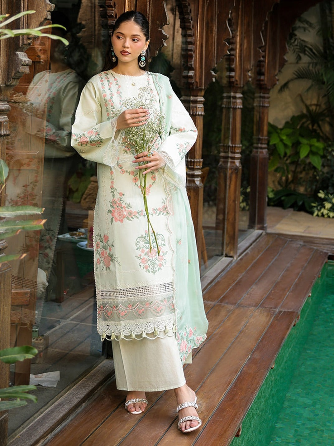 Mint Green-Mahnur Shanaya Lawn Vol 2 Embroidered Stitched 3-Piece Suit-SH-09