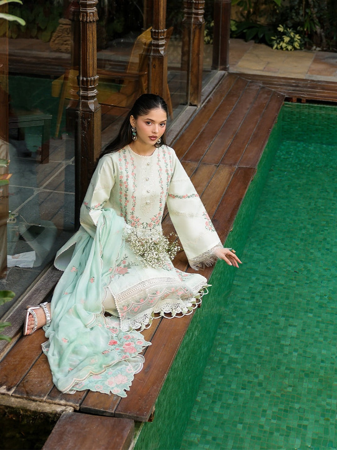 Mint Green-Mahnur Shanaya Lawn Vol 2 Embroidered Stitched 3-Piece Suit-SH-09
