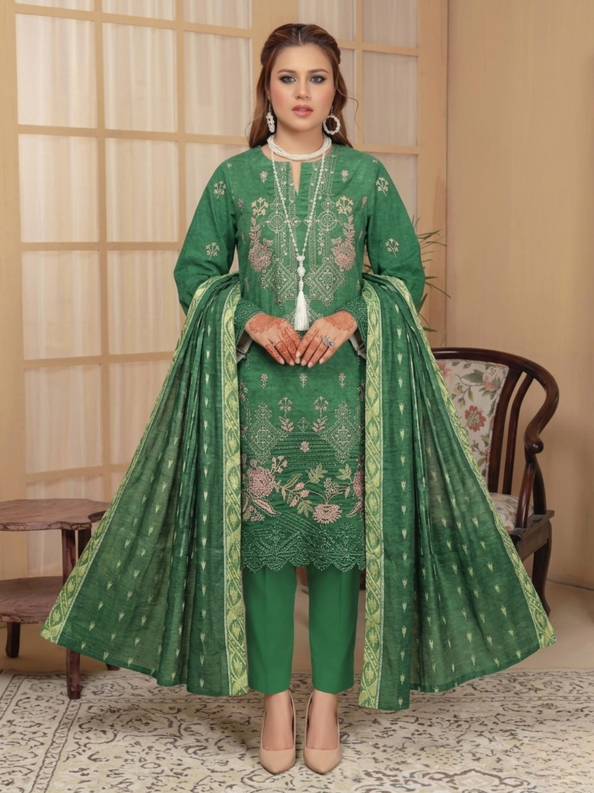 Bin Shaukat Lawn Embroidered Unstitched 3-Piece Suit-05