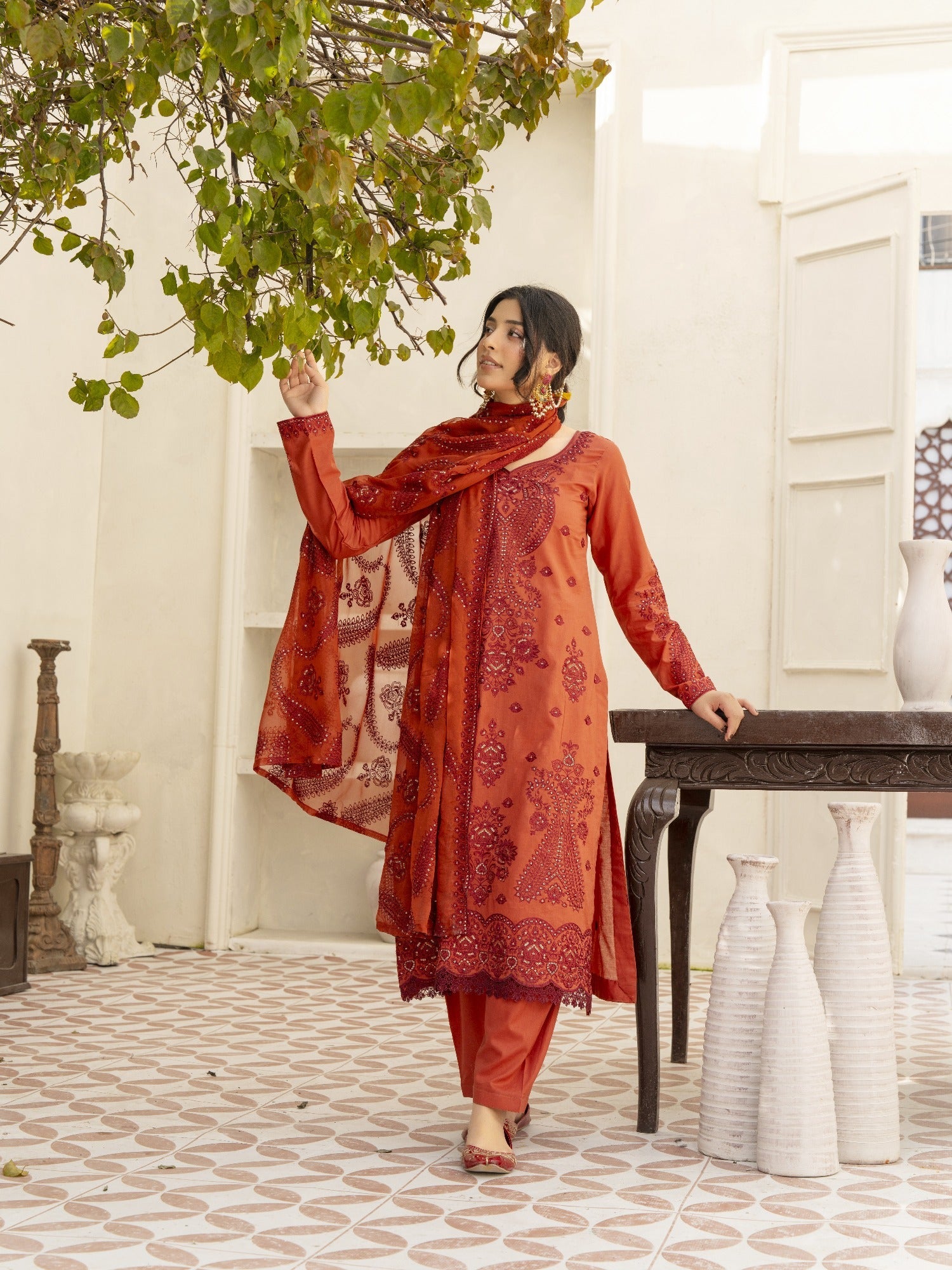 Coral-Noori lawn Embroidered Stitched 3-Piece Suit-MLSS26101
