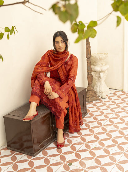 Coral-Noori lawn Embroidered Stitched 3-Piece Suit-MLSS26101